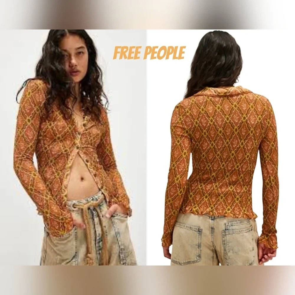Free People Caught A Feeling Cardi Womens S Cinnamon Smocked Mesh Boho 70s Top